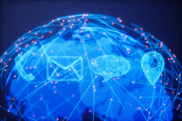 Contact Us Concept With Phone, Email, Speech Bubble And Location Icons With Plexus And Red Connection Dots On Planet Earth.